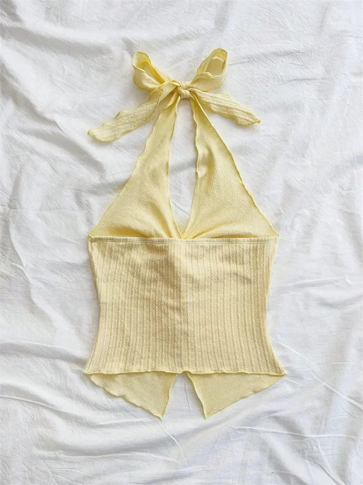 Top amarillo con cuello en V y cuello Halter para mujer, ropa Y2K de verano, Top corto Sexy sin mangas y espalda descubierta, ropa de calle