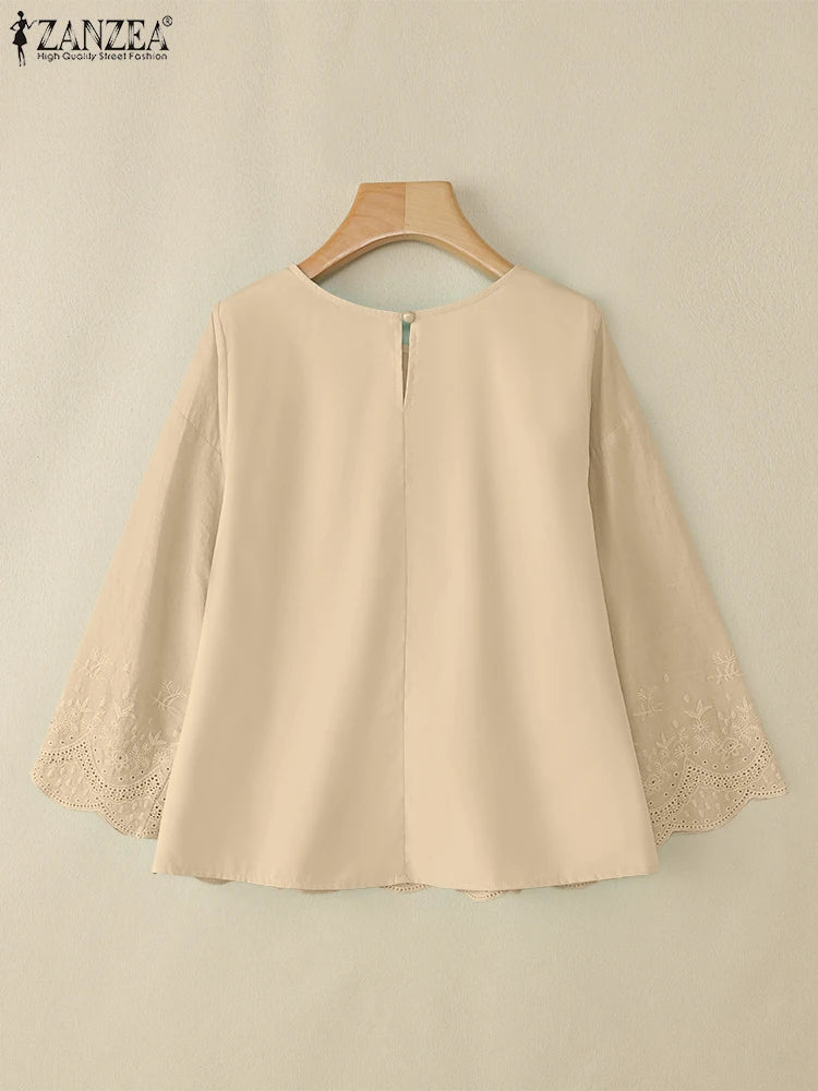 Blusa de Verano para Mujer | Encaje y Retazos Bordados | Cuello Redondo | Ticotrendy