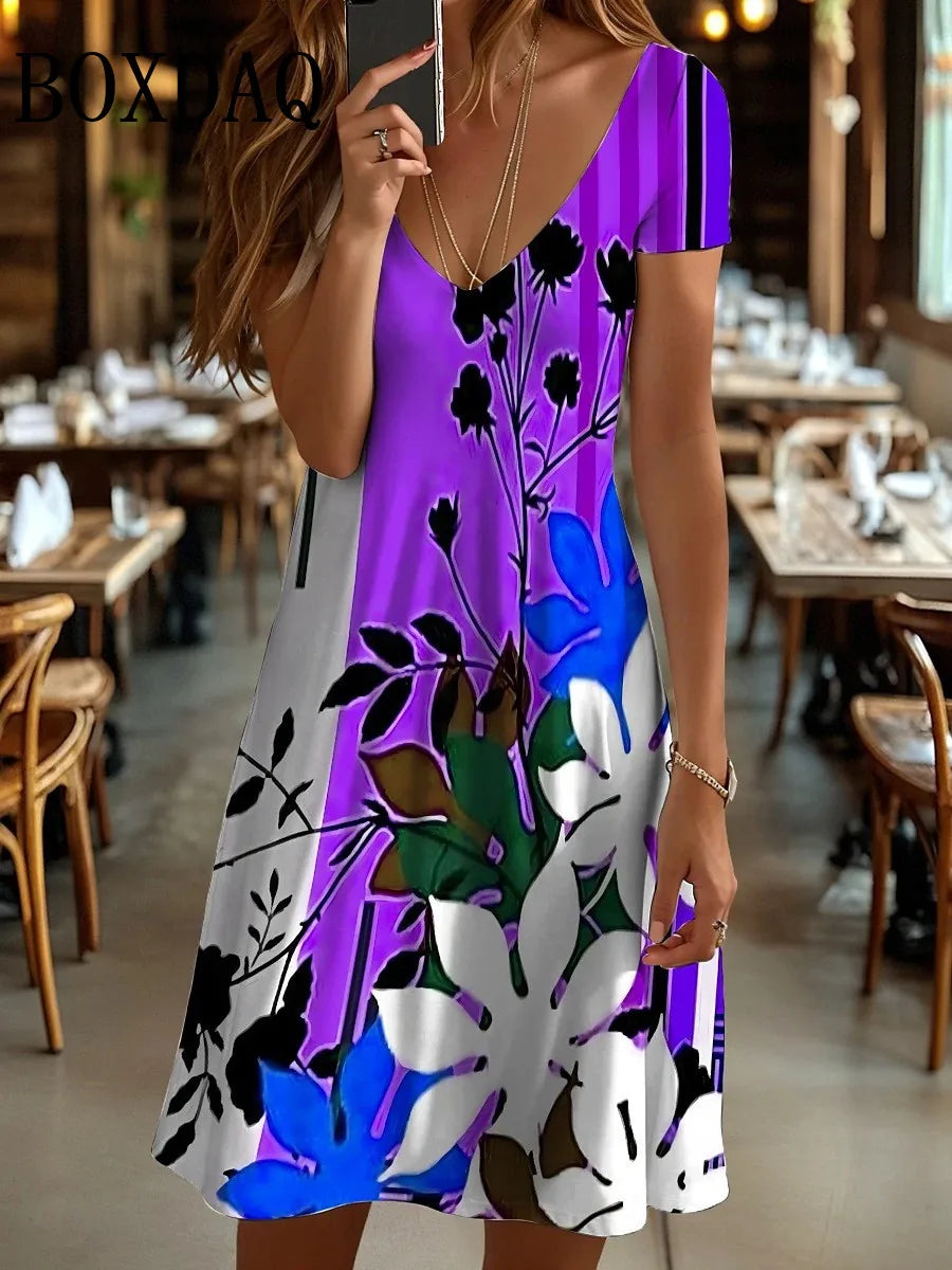 Vestido Midi Retro con Estampado 3D Flores | Manga Corta y Cuello V | Holgado Talla Grande | Tico Trendy