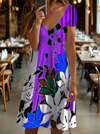Vestido Midi Retro con Estampado 3D Flores | Manga Corta y Cuello V | Holgado Talla Grande | Tico Trendy