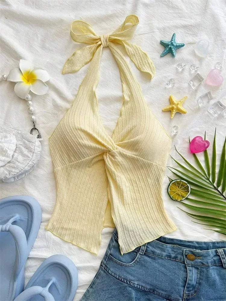 Top amarillo con cuello en V y cuello Halter para mujer, ropa Y2K de verano, Top corto Sexy sin mangas y espalda descubierta, ropa de calle
