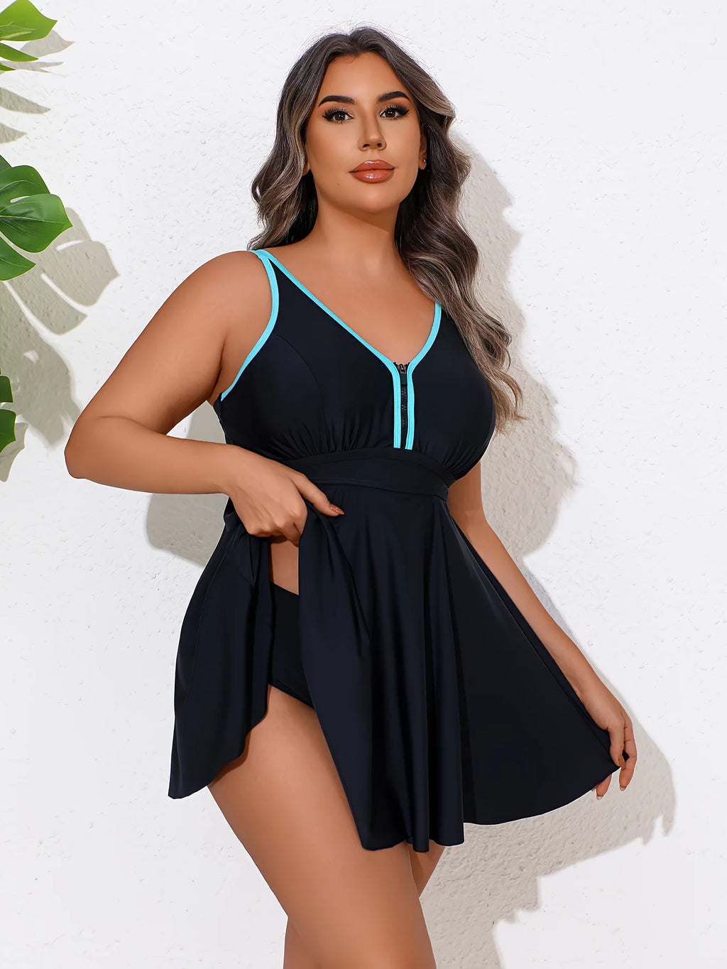 Tankini Cuello en V con Lazos y Falda Talla Grande