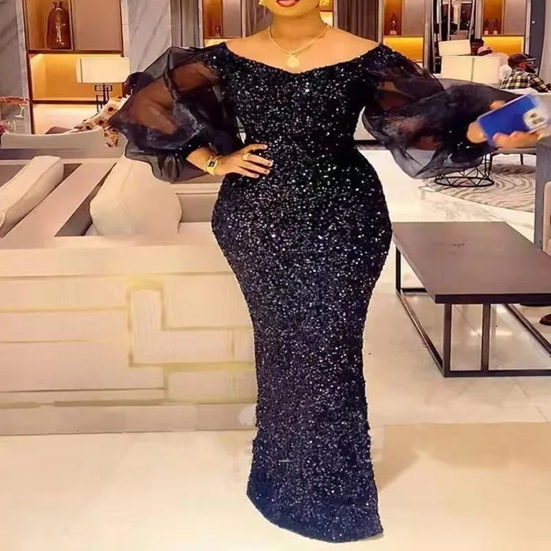 Vestido de Tubo | Talla Grande | Lentejuelas y Manga Abombada