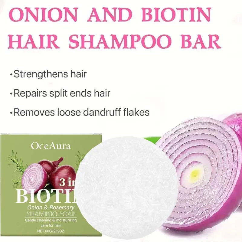 Jabón Champú de Cebolla y Biotina - 60g, Adecuado para Todo Tipo de Cabello, Hidratante y Suavizante, Rico en Extracto de Alecrim