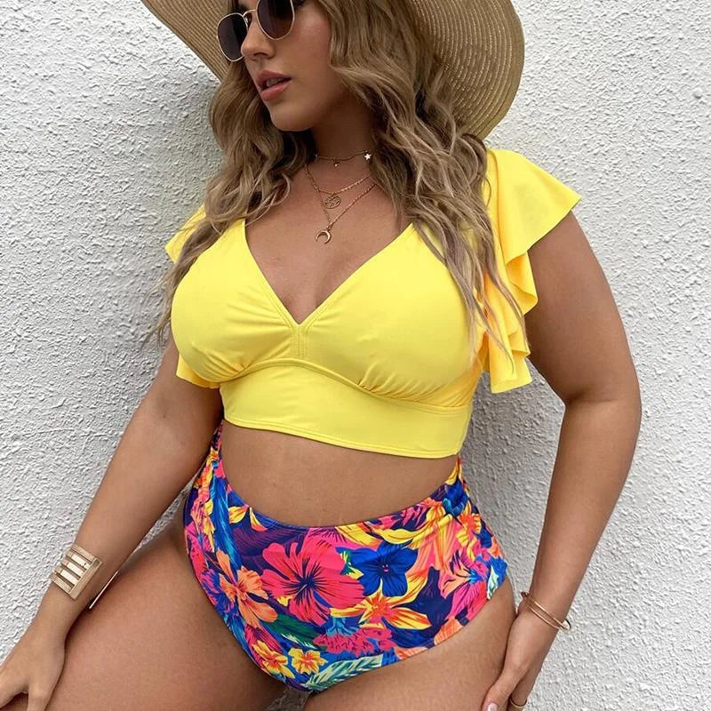 Bikini de Talla Grande con Volantes - Estampado y Tiro Alto para Playa