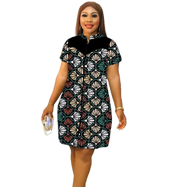 Vestido Corto Ankara con Cuello Alto y Patchwork