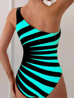 Traje de Baño Enterizo Un Hombro | Rayas Colorblock | Plisado Elegante