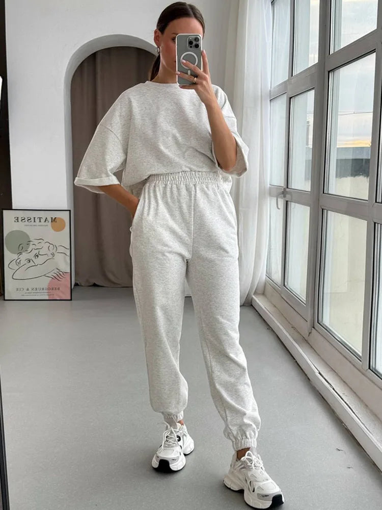 Conjunto 2 Piezas Algodón Oversize | Top y Pantalón Casual | Gris/Blanco | Verano 2025 | Ticotrendy