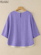 Elegante Blusa de Verano Manga Tres Cuartos con Retazos y Cuello Redondo