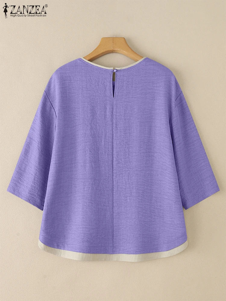 Elegante Blusa de Verano Manga Tres Cuartos con Retazos y Cuello Redondo