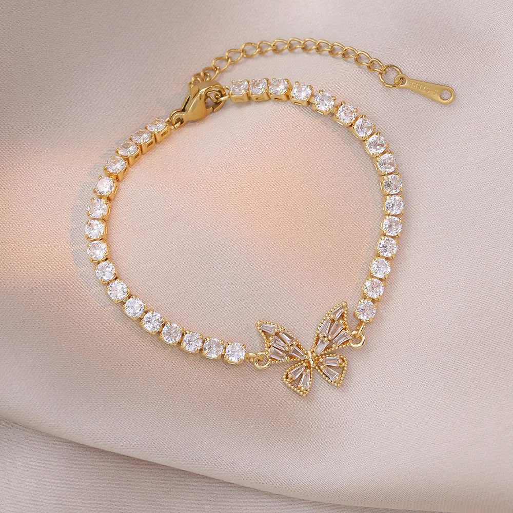 Pulseras con dijes de mariposa y cadena de tenis de circonio brillante de lujo para mujeres y niñas, brazalete de cadena de acero inoxidable a la moda, regalos de joyería