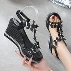 Sandalias de cuña de mariposa con cristales a la moda, Sandalias de verano con plataforma gruesa y banda elástica para mujer, Sandalias de tacón alto con perlas 43
