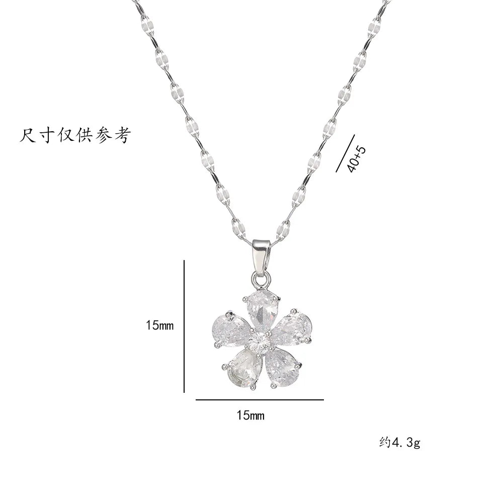 Cadena de acero inoxidable para mujer, collares con colgante de flor de circón de lujo Simple, Color plateado, accesorios de joyería