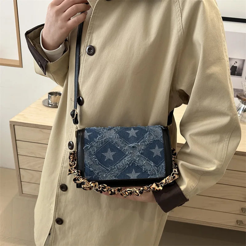 Bolso Hombro Vaquero Mujer Retro Estrellas Cinta Leopardo