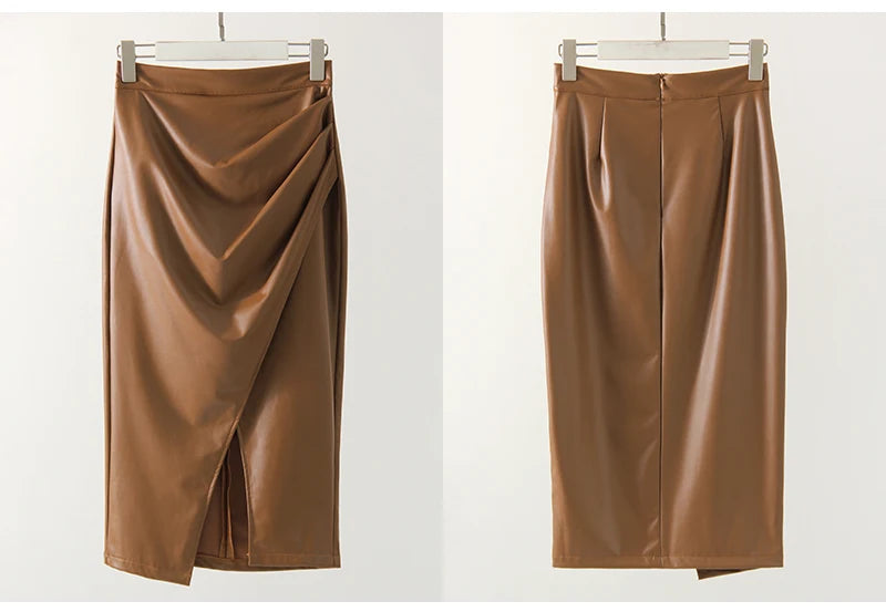 Falda Midi De Cuero Sintético Con Abertura Y Pliegues Sexy