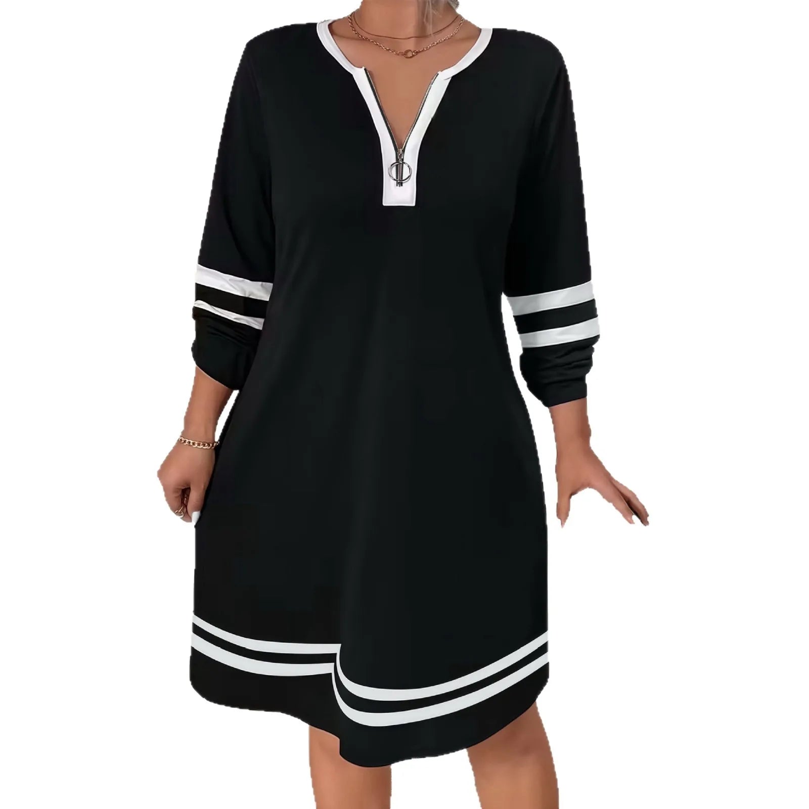 Vestido Negro con Cremallera y Cuello V | Elegante Holgado de Gran Tamaño | Manga Larga | Tico Trendy