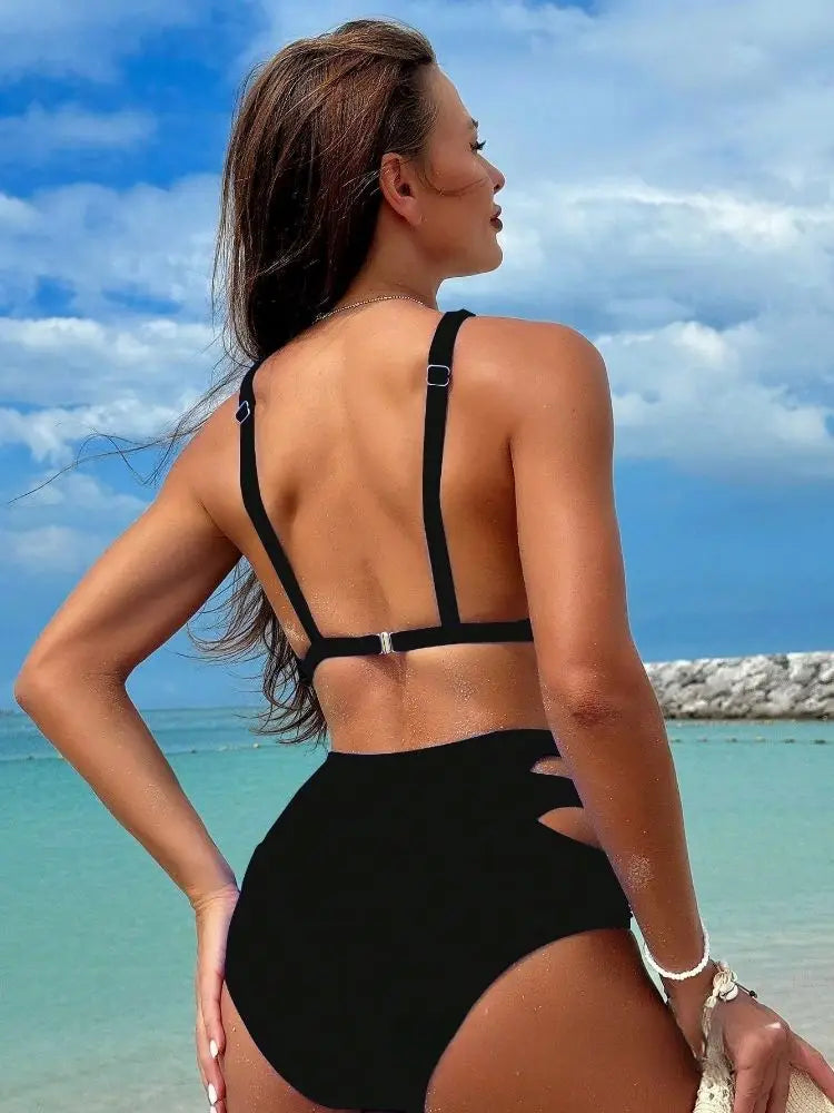 Conjunto de Bikini Halter de Color Sólido Cikini para Vacaciones y Playa