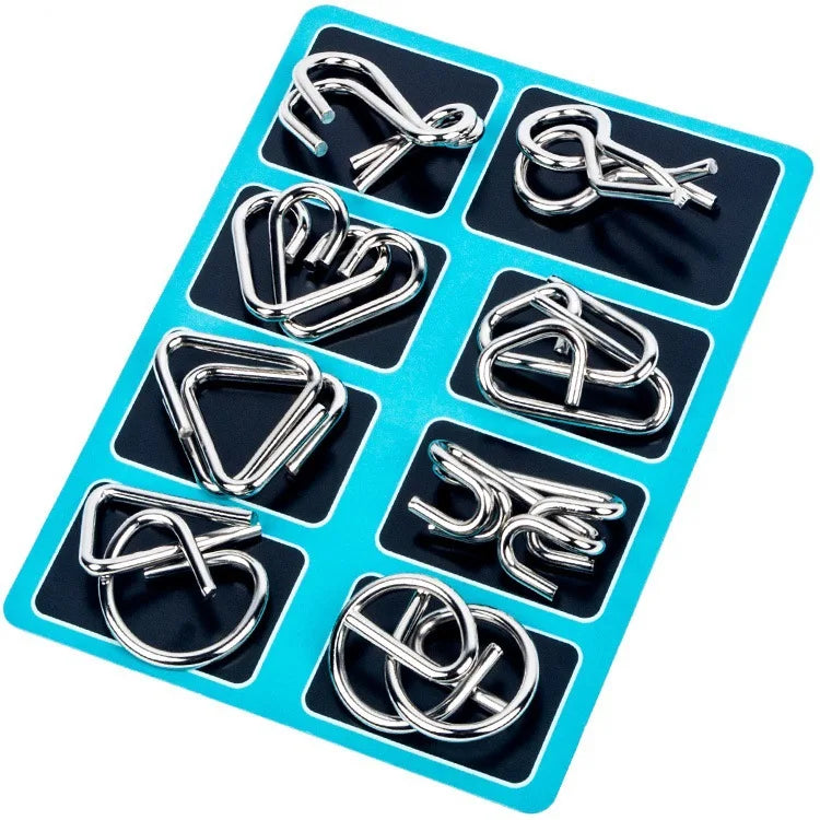 Rompecabezas Montessori de Metal para niños y adultos, juego interactivo de alambre, IQ, Mente, Cerebro, juguetes educativos, 8 piezas por juego