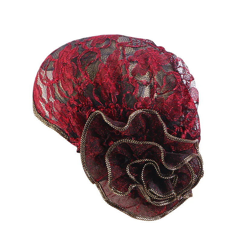 Turbante de encaje negro para mujer, gorro bajo bufanda, de flores grandes Hijab, sombreros musulmanes, gorro de flores, gorro de envoltura, sombreros islámicos, nuevo