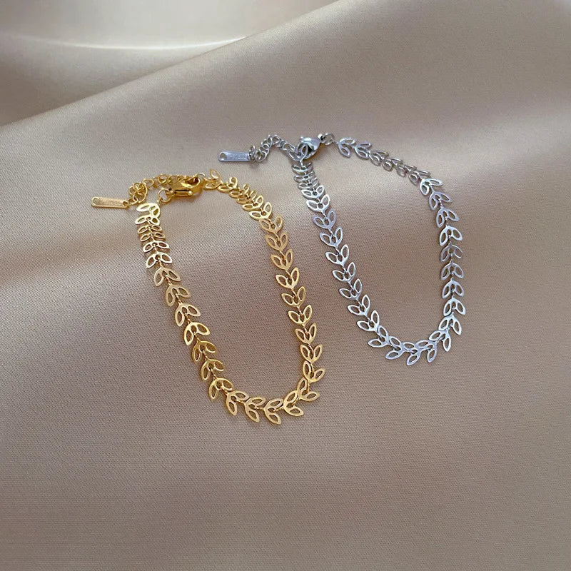 Pulseras de cadena de hojas huecas simples de acero inoxidable para mujeres y niñas, pulsera de Color dorado y plateado a la moda, accesorios de joyería
