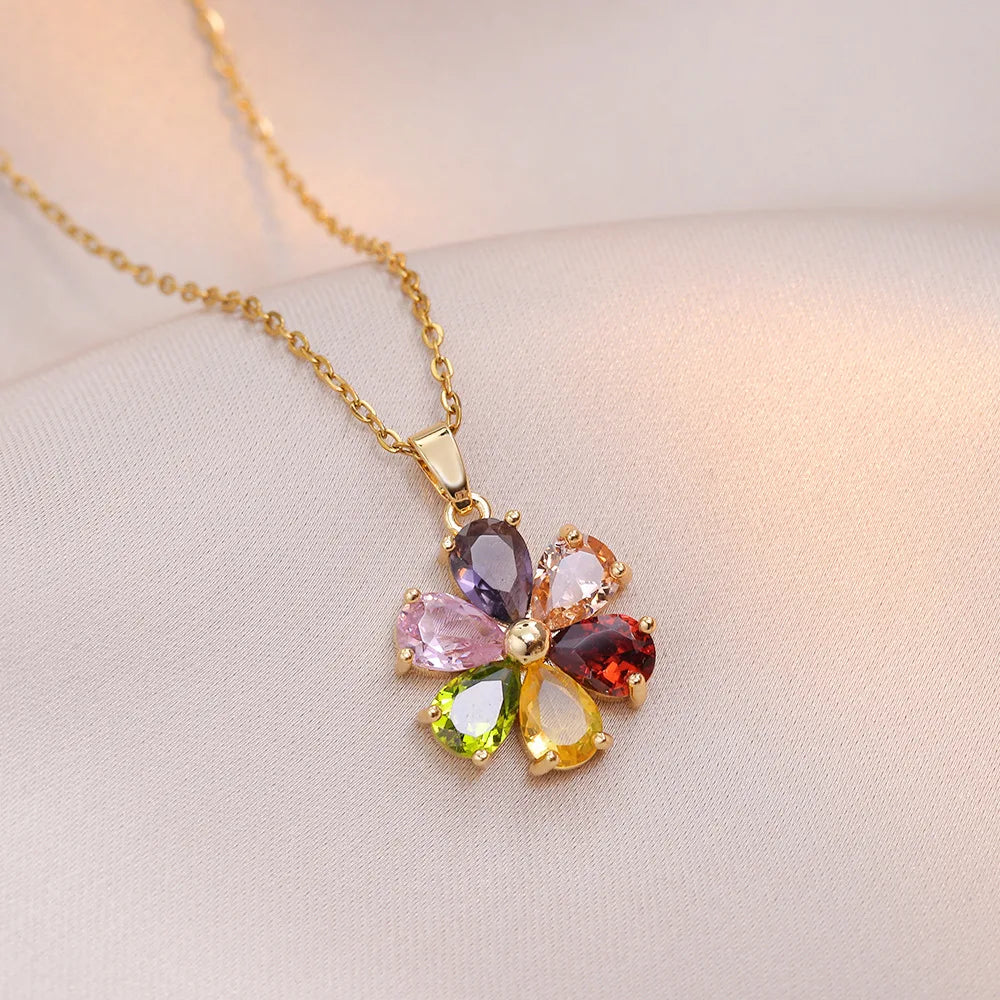Collar Flor Circón ∣ Acero Inoxidable Clásico ∣ Joyas Vintage Mujer Niña