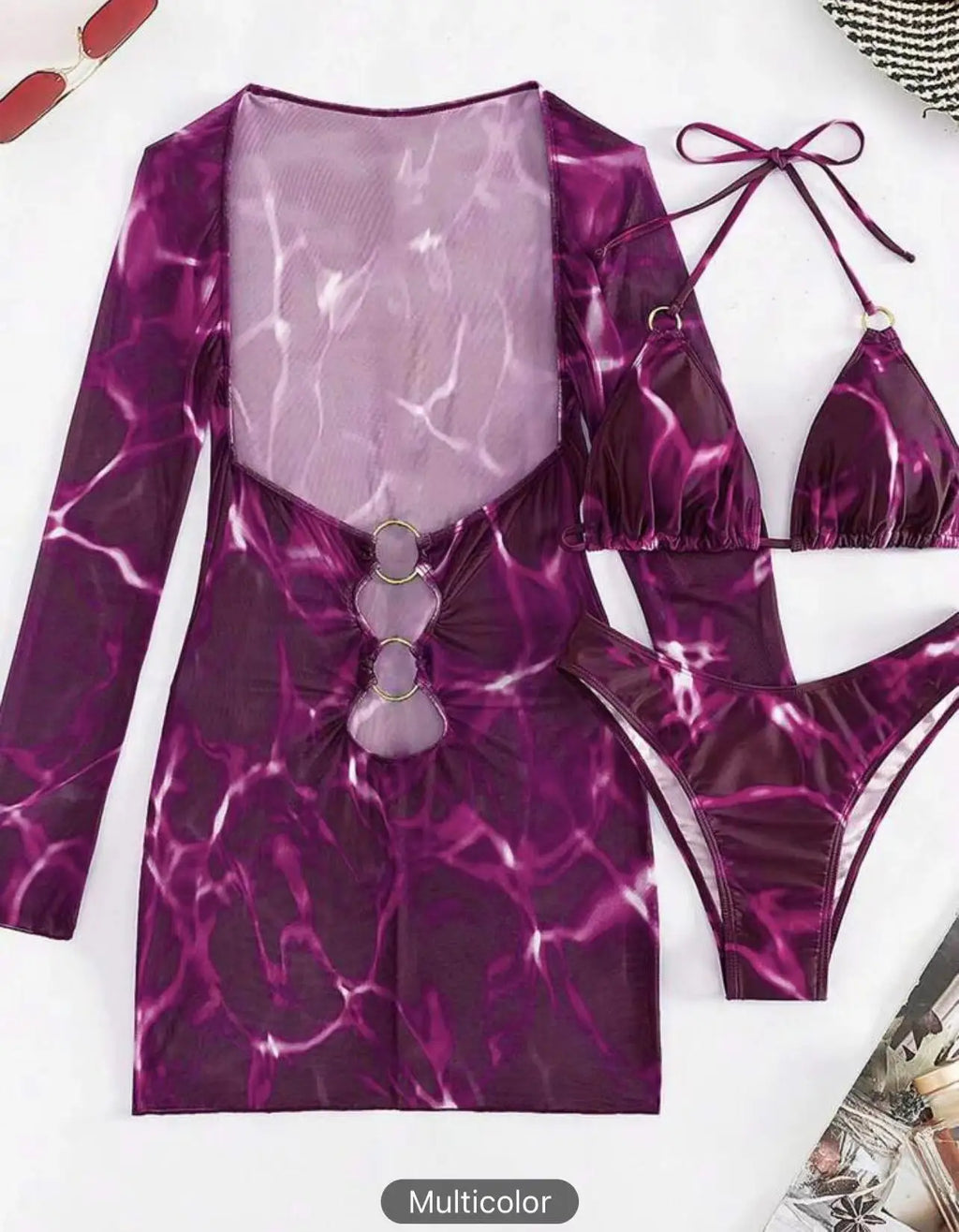 Conjunto de Tres Piezas - Bikini y Cover Up para la Arena