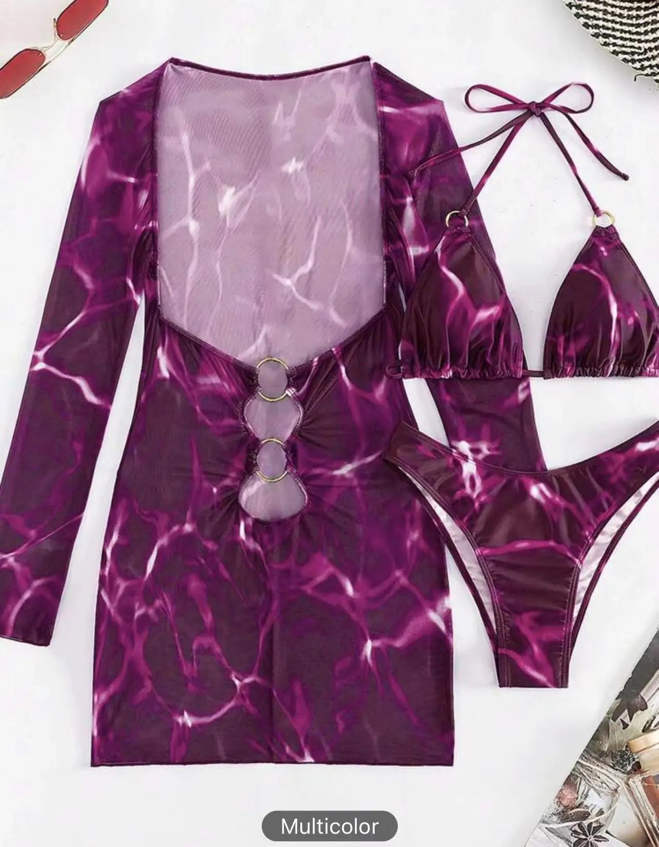 Conjunto de Tres Piezas - Bikini y Cover Up para la Arena