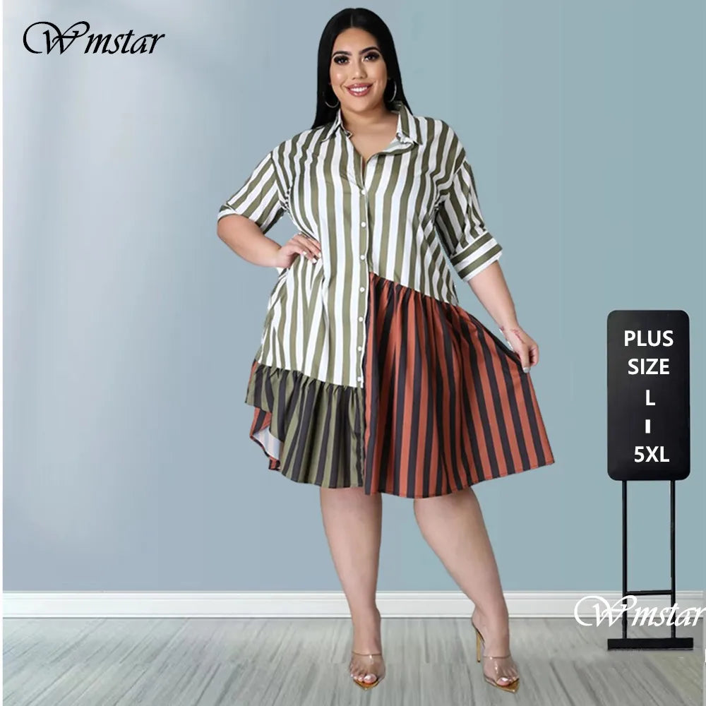 Vestido de talla grande para mujer, ropa de calle a rayas de retazos, camisas de oficina para mujer, vestidos Midi, venta al por mayor, envío directo