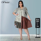Vestido de talla grande para mujer, ropa de calle a rayas de retazos, camisas de oficina para mujer, vestidos Midi, venta al por mayor, envío directo