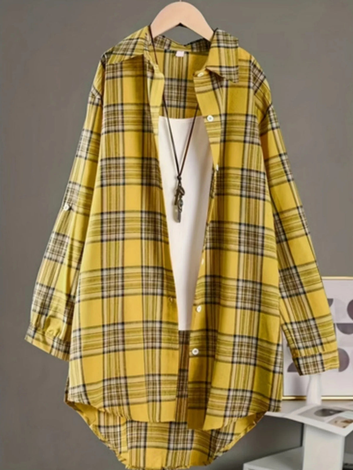 Camisa Algodón Lino Cuadros Plus Size | Holgada Manga Media Largo Midi | Tallas 1XL-5XL | Tico Trendy
