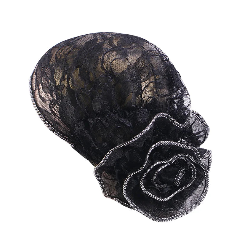 Turbante de encaje negro para mujer, gorro bajo bufanda, de flores grandes Hijab, sombreros musulmanes, gorro de flores, gorro de envoltura, sombreros islámicos, nuevo