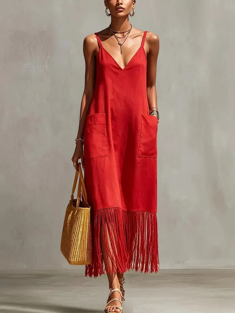 Vestido Largo Casual con Tirantes y Borlas
