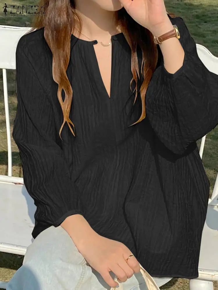 Blusa Elegante Cuello Pico Manga Linterna Plisada Poliéster Mujer