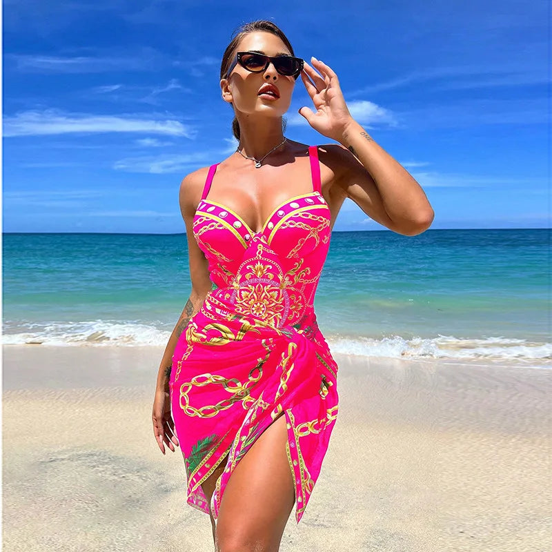Traje de Baño Push Up con Falda - Estampado de Cadena para Playa y Piscina