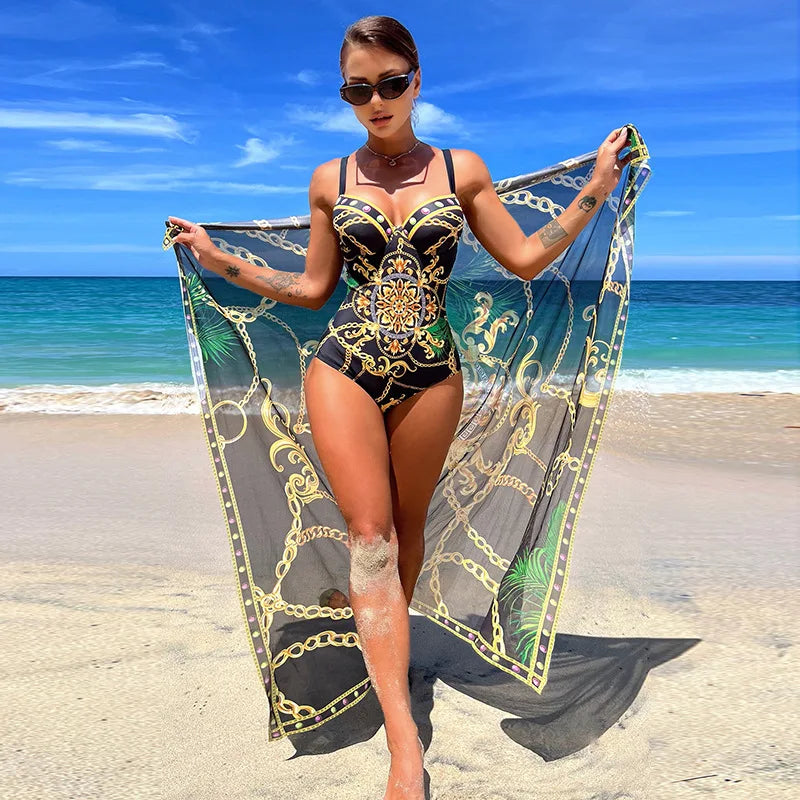 Traje de Baño Push Up con Falda - Estampado de Cadena para Playa y Piscina