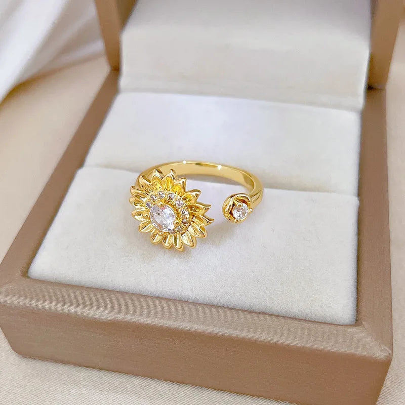 Anillo de girasol de circón chapado en oro de 18 quilates para mujer, anillo de cobre ajustable que se puede abrir, accesorios de joyería, regalos para amigos