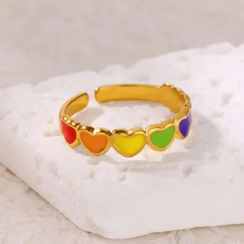 Anillo  Corazón Punk | Arcoíris Goteo Aceite | Abierto Acero Oro | Ticotrendy
