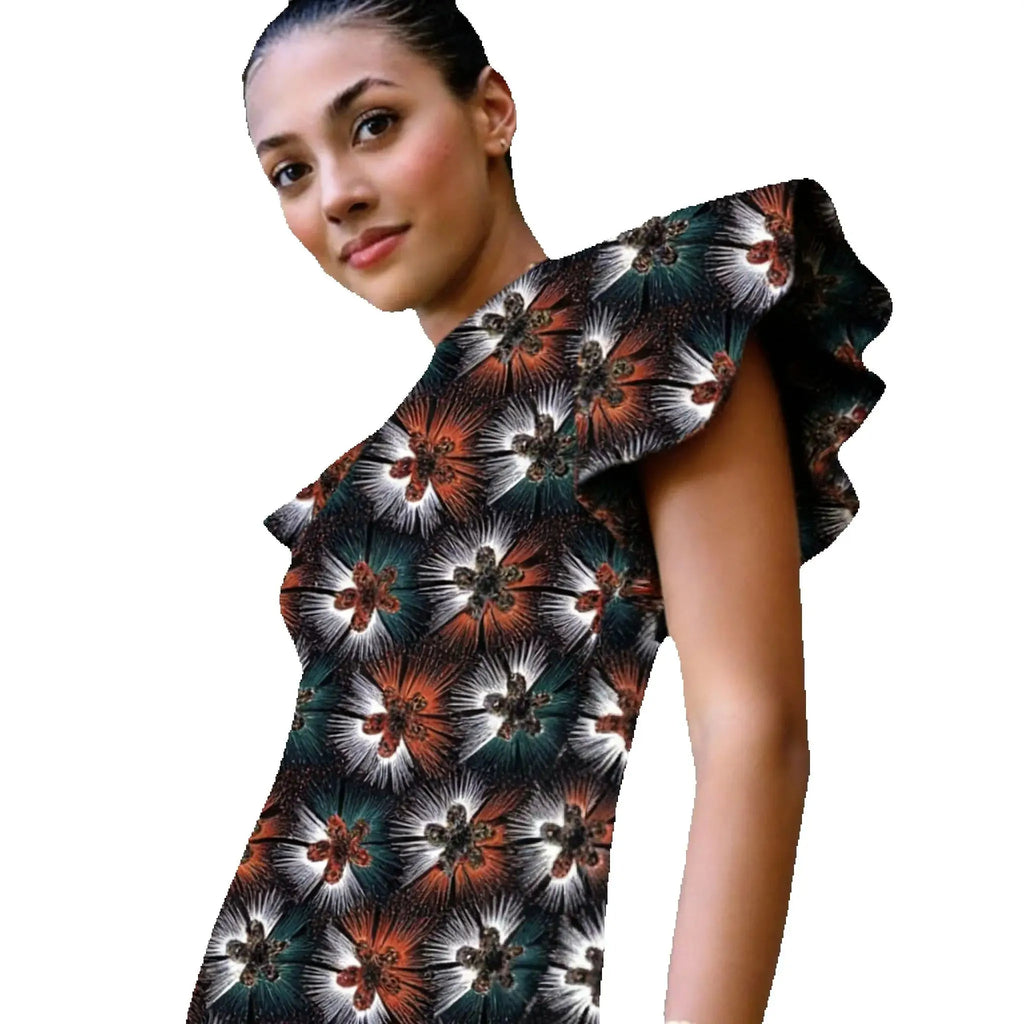 Vestido Ajustado Ankara con Mangas Hoja de Loto