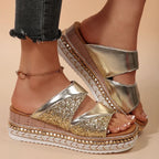 Sandalias de Cuña Doradas con Lentejuelas | Mujer