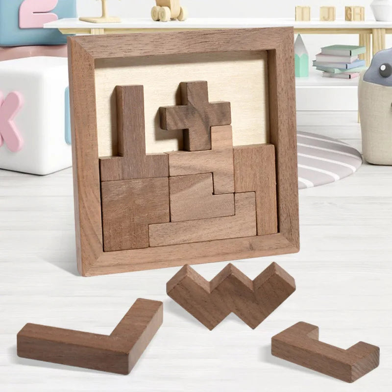 Rompecabezas de bloques rusos de nogal, rompecabezas de madera 3D Tangram IQ, entrenamiento lógico, rompecabezas, juguetes educativos Montessori, juegos de aprendizaje