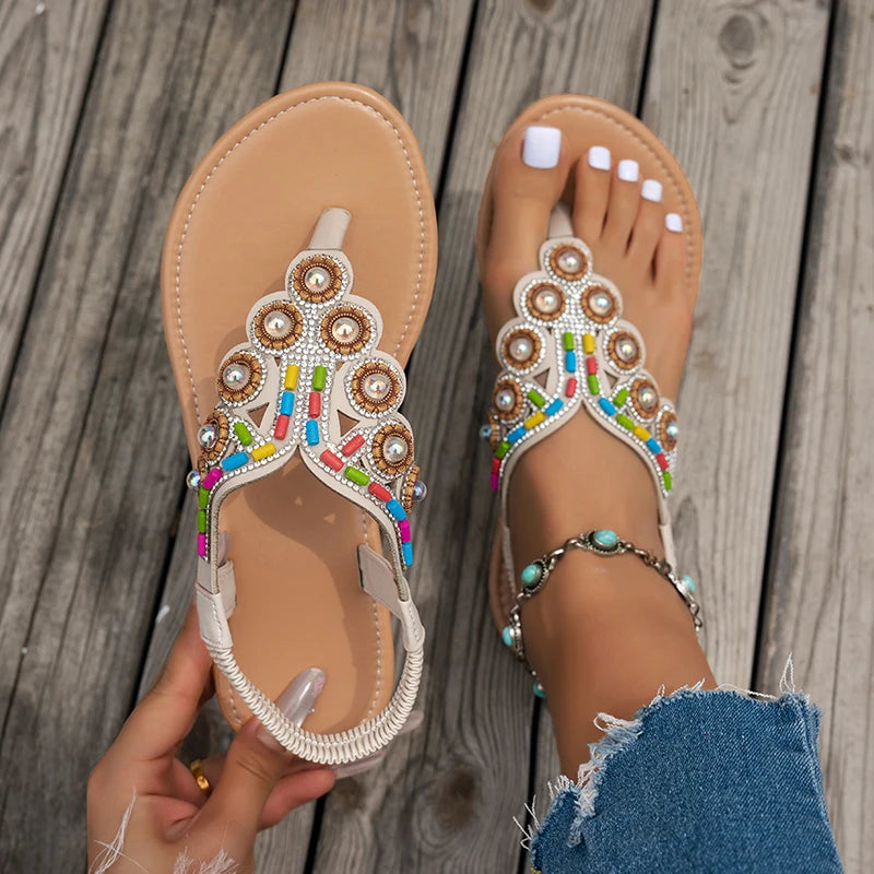 Sandalias Planas Bohemias Cuentas Cristal Antideslizantes | Calzado Playa Moda Casual