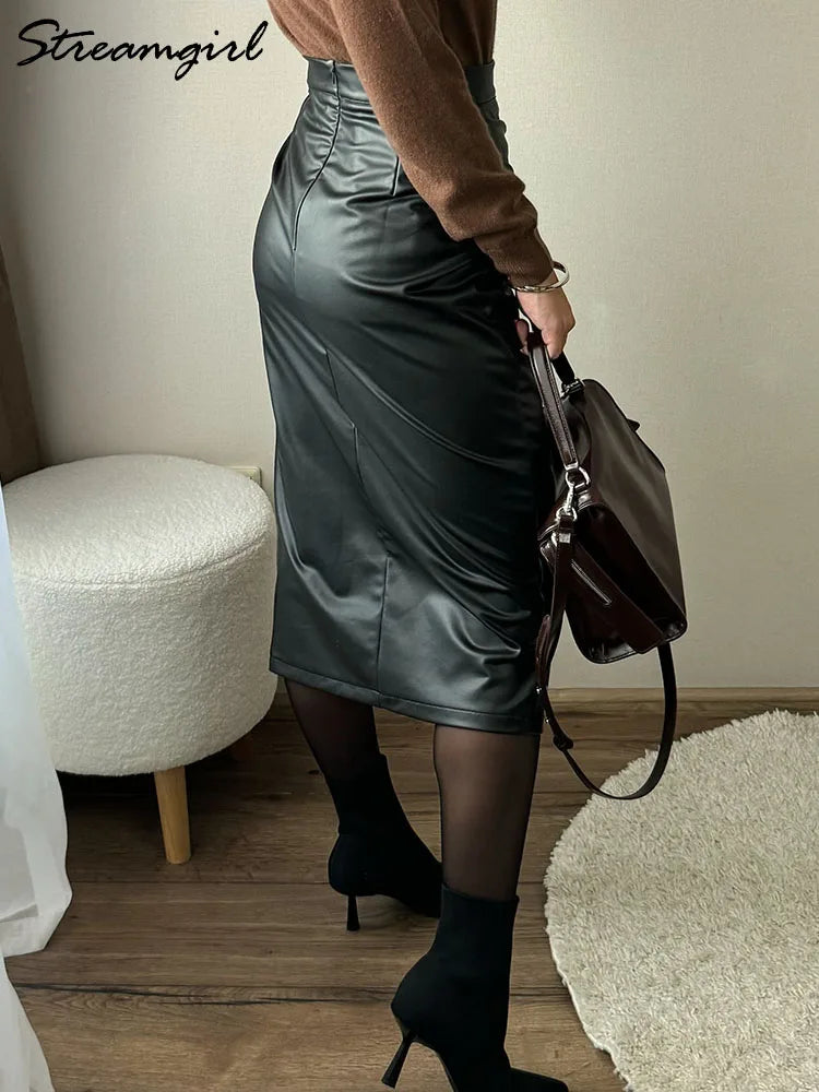 Falda Midi De Cuero Sintético Con Abertura Y Pliegues Sexy