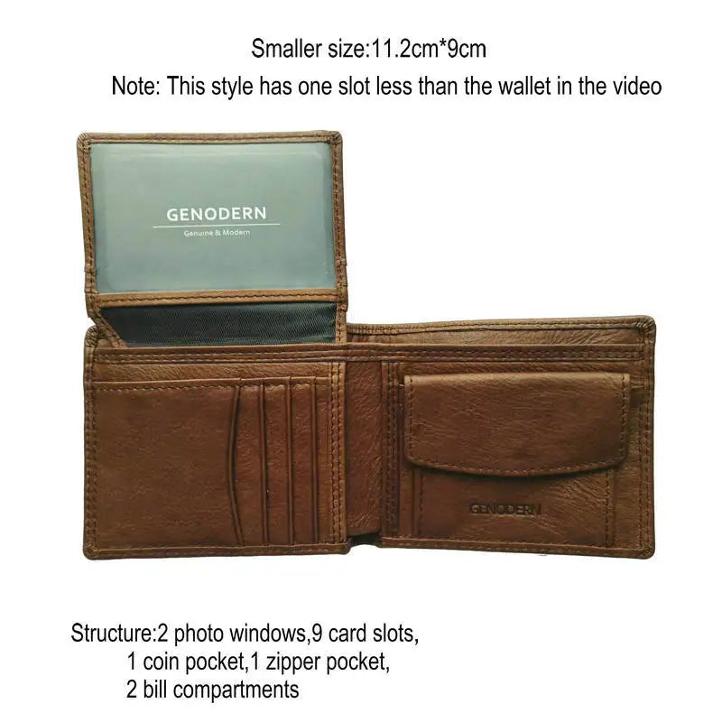 GENODERN-billeteras de cuero de vaca con bolsillo para monedas para hombre, monedero masculino Vintage, bloqueo RFID, Cartera de cuero genuino con tarjeteros