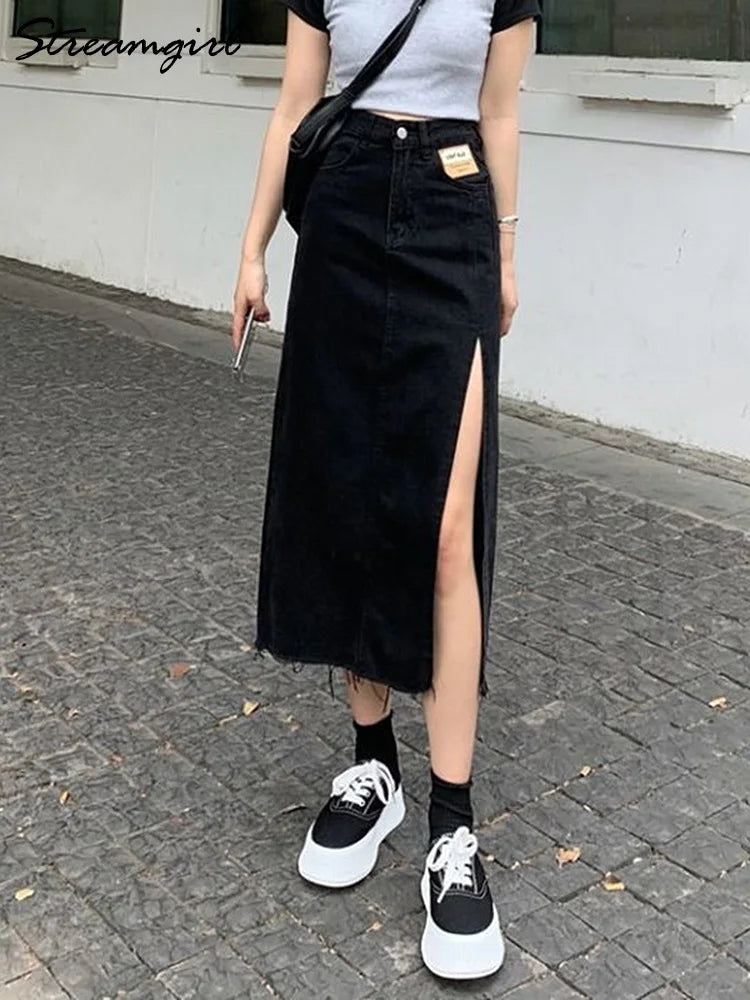 Maxi Falda Vaquera Vintage | Abertura Lateral | Estilo Coreano