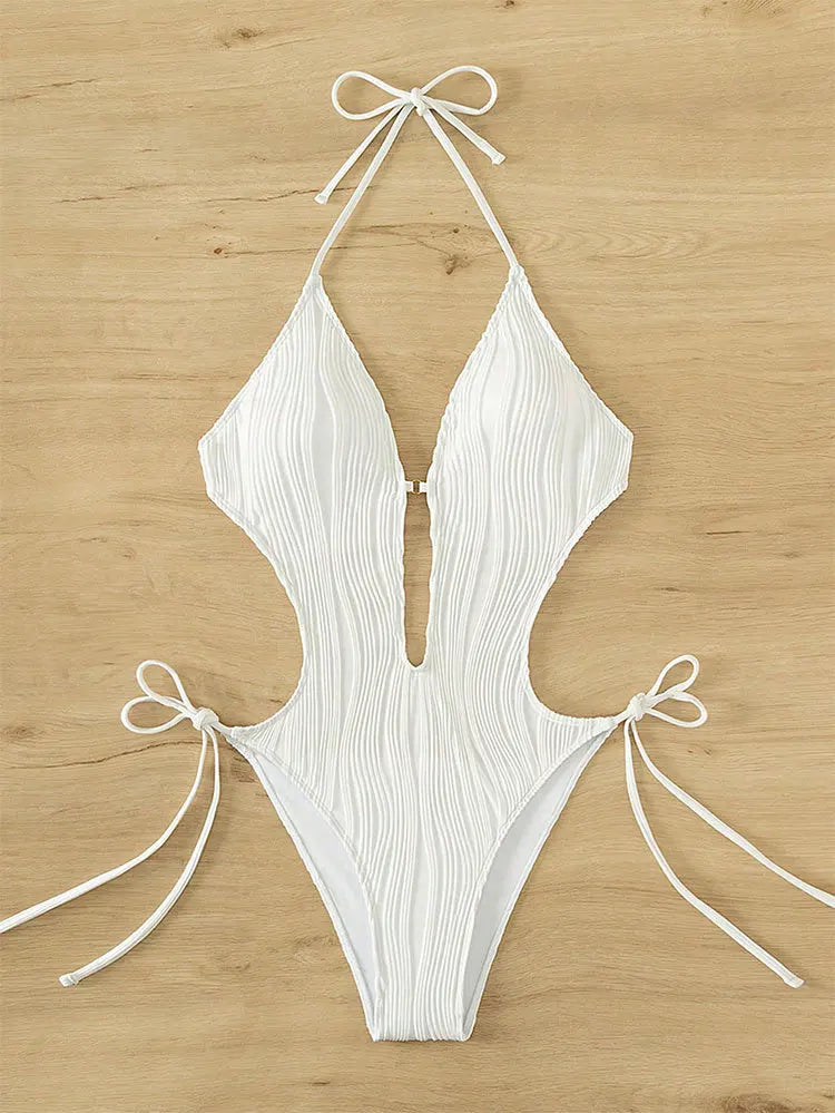 Traje de Baño Una Pieza | Cuello Halter y Lazo Lateral | Monocromático | Verano