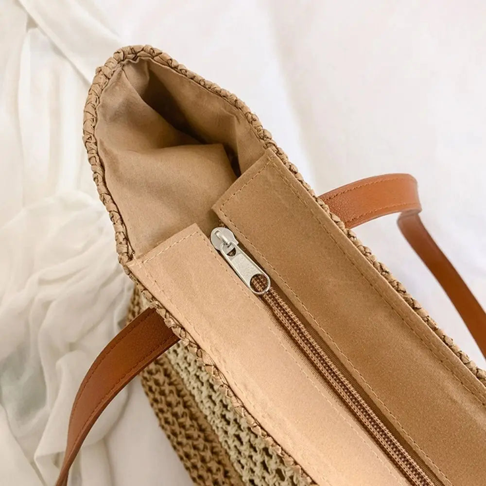 Bolso de Paja Tejida Hecho a Mano con Colgante de Flecos para Mujer