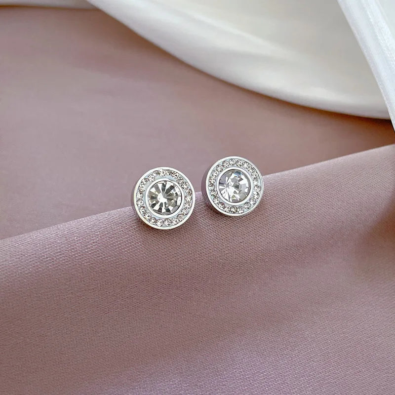 Pendientes redondos de circonita brillante de lujo de acero inoxidable para mujeres y hombres, pendientes geniales brillantes a la moda, accesorios de joyería, regalos