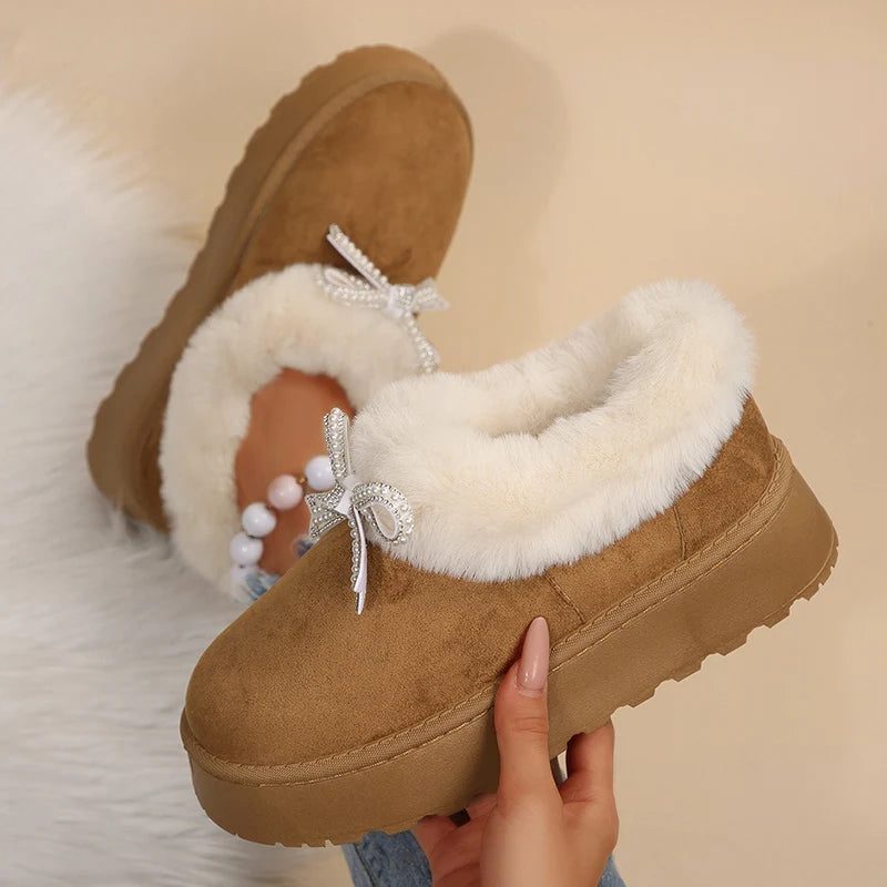 Botas De Nieve Piel Sintética Lazo De Cristal Moda Tica