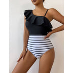 Traje de Baño Enterizo de Cintura Alta | Rayas y Color Bloqueado | Elegante