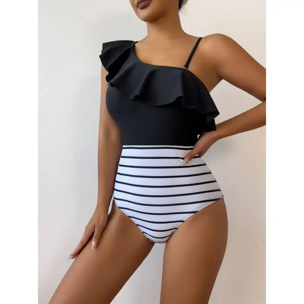 Traje de Baño Enterizo de Cintura Alta | Rayas y Color Bloqueado | Elegante